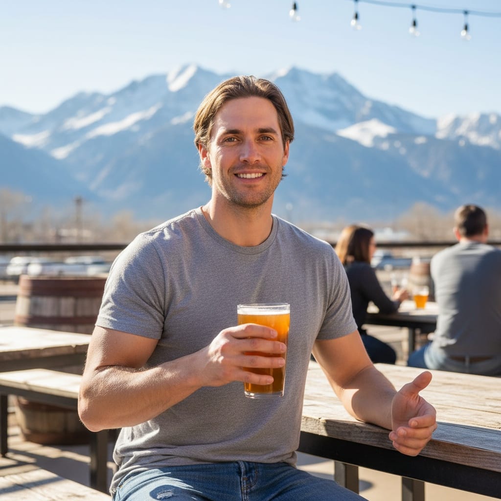 athletic white man denver beer patio mountains 89748985