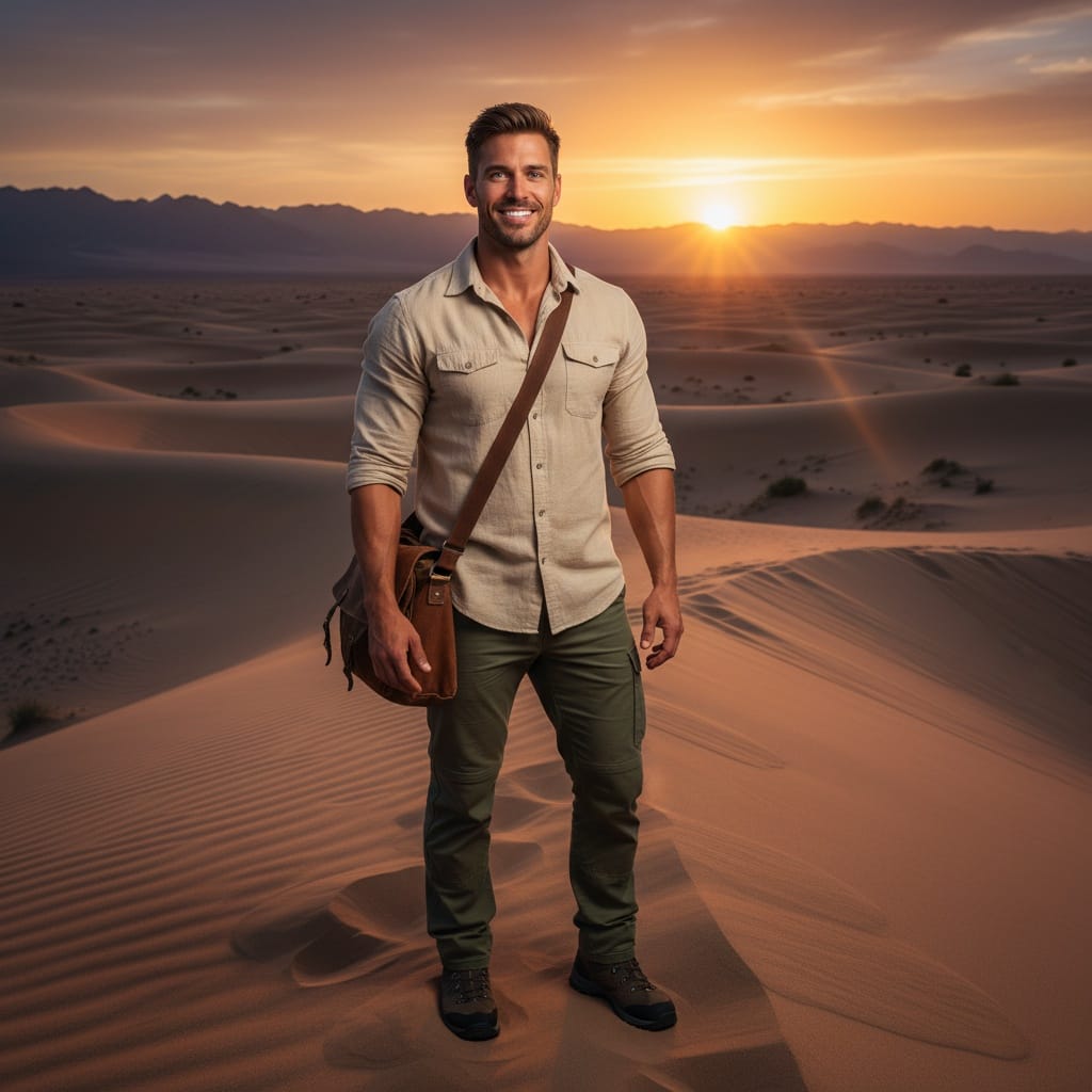 athletic white man desert safari golden dunes 43897144