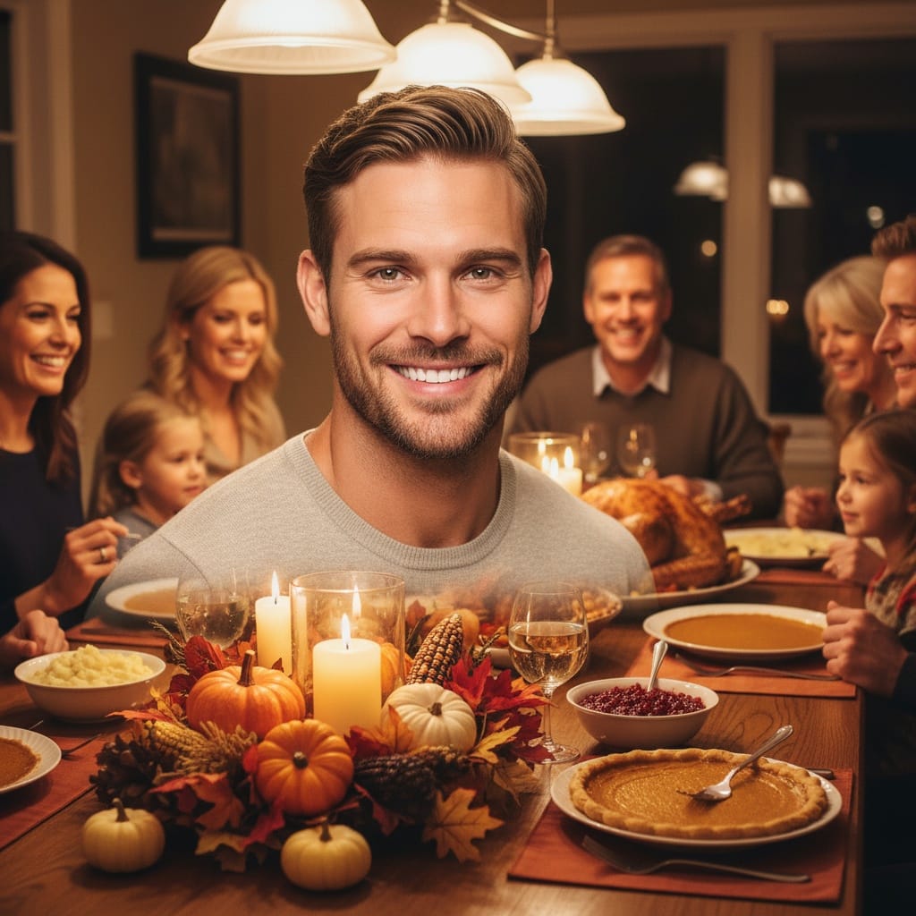 athletic white man dining table thanksgiving dinner 45484316
