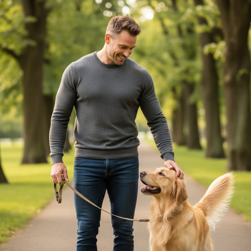 athletic white man dog walk park 44946213