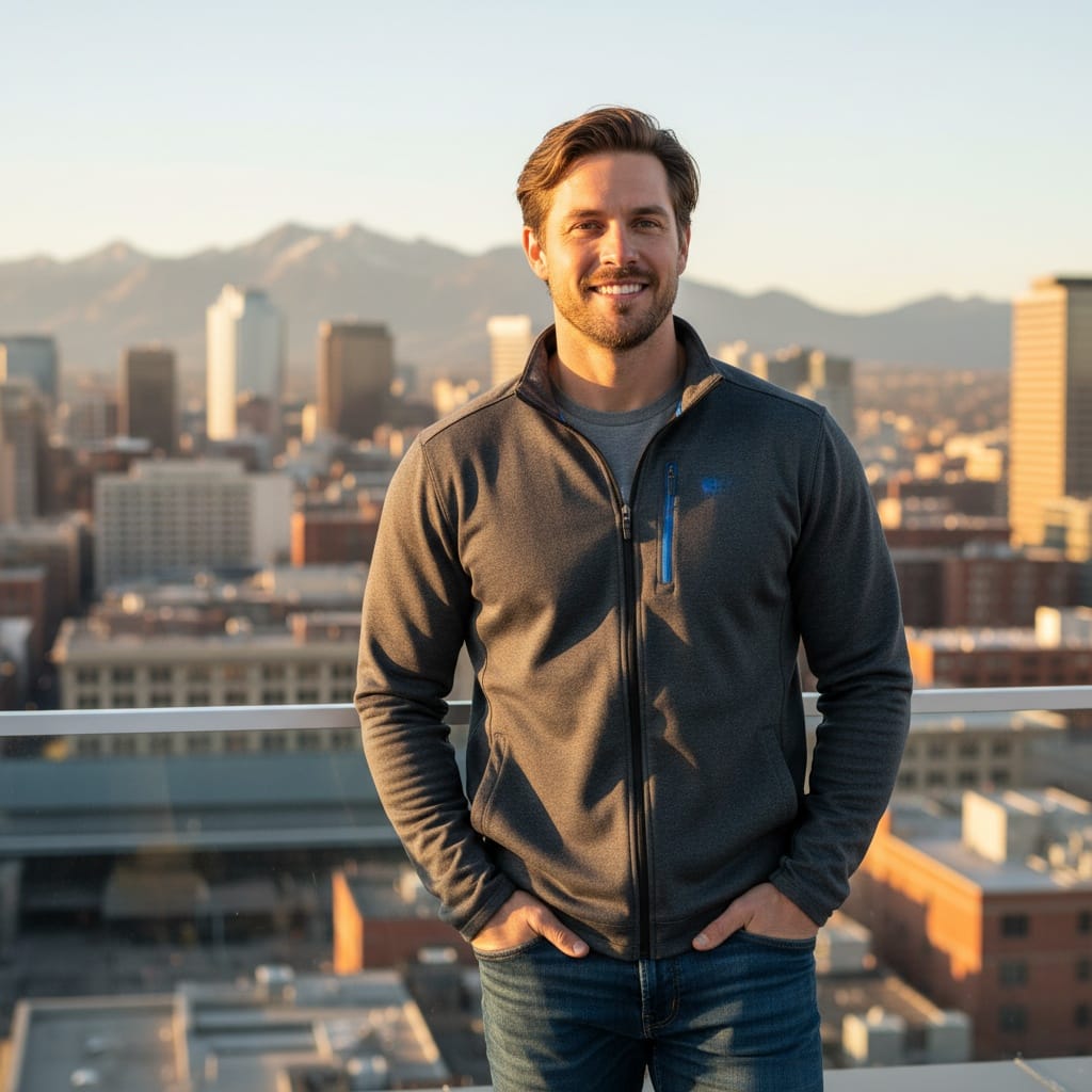 athletic white man downtown denver skyline backdrop 99699304