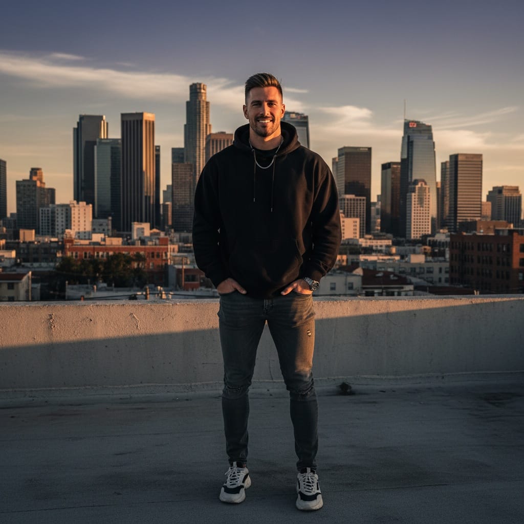 athletic white man downtown la rooftop 73968417