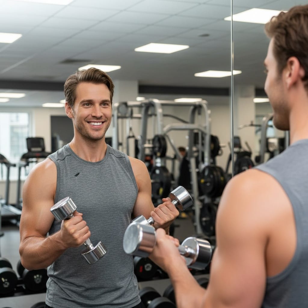 athletic white man dumbbell mirror reflection 43732627