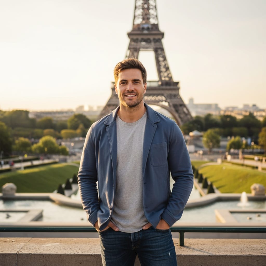 athletic white man eiffel tower golden hour 46012211
