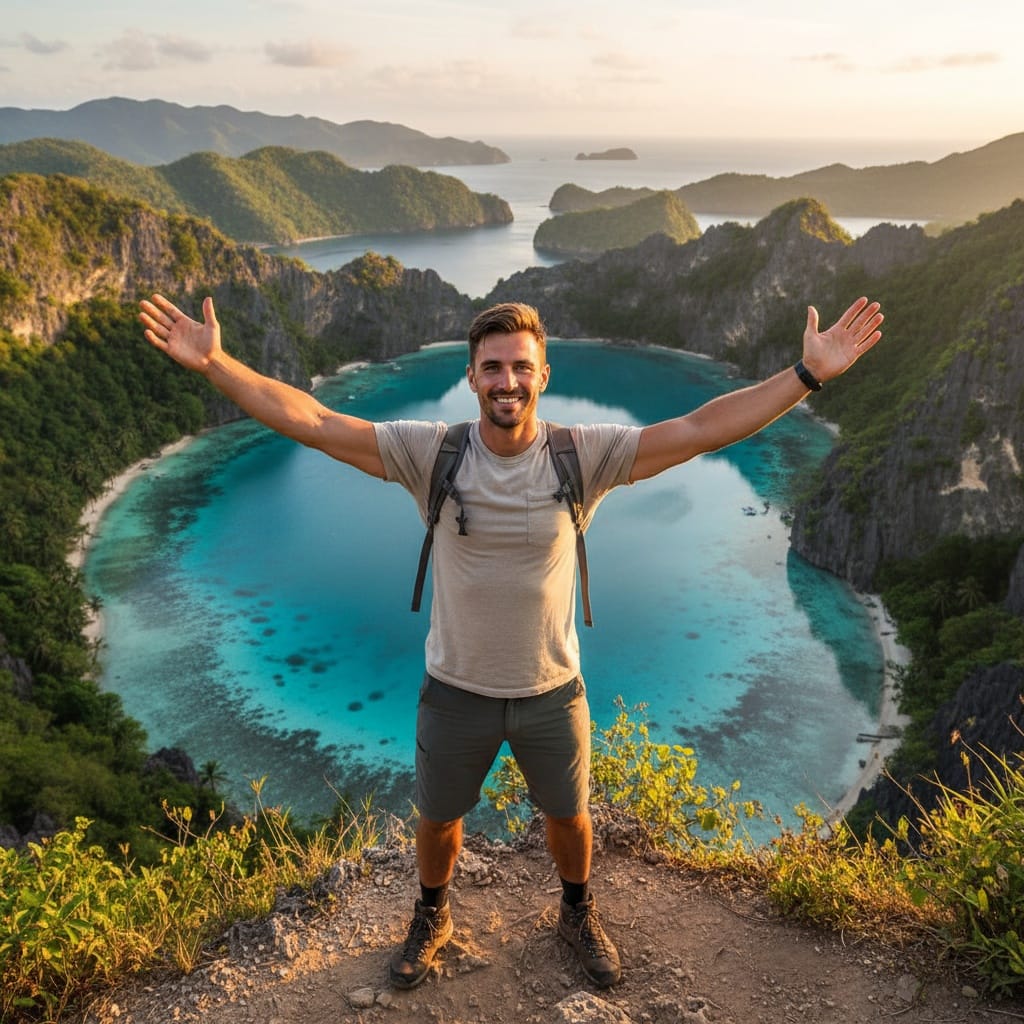 athletic white man el nido cliff viewpoint 95356839