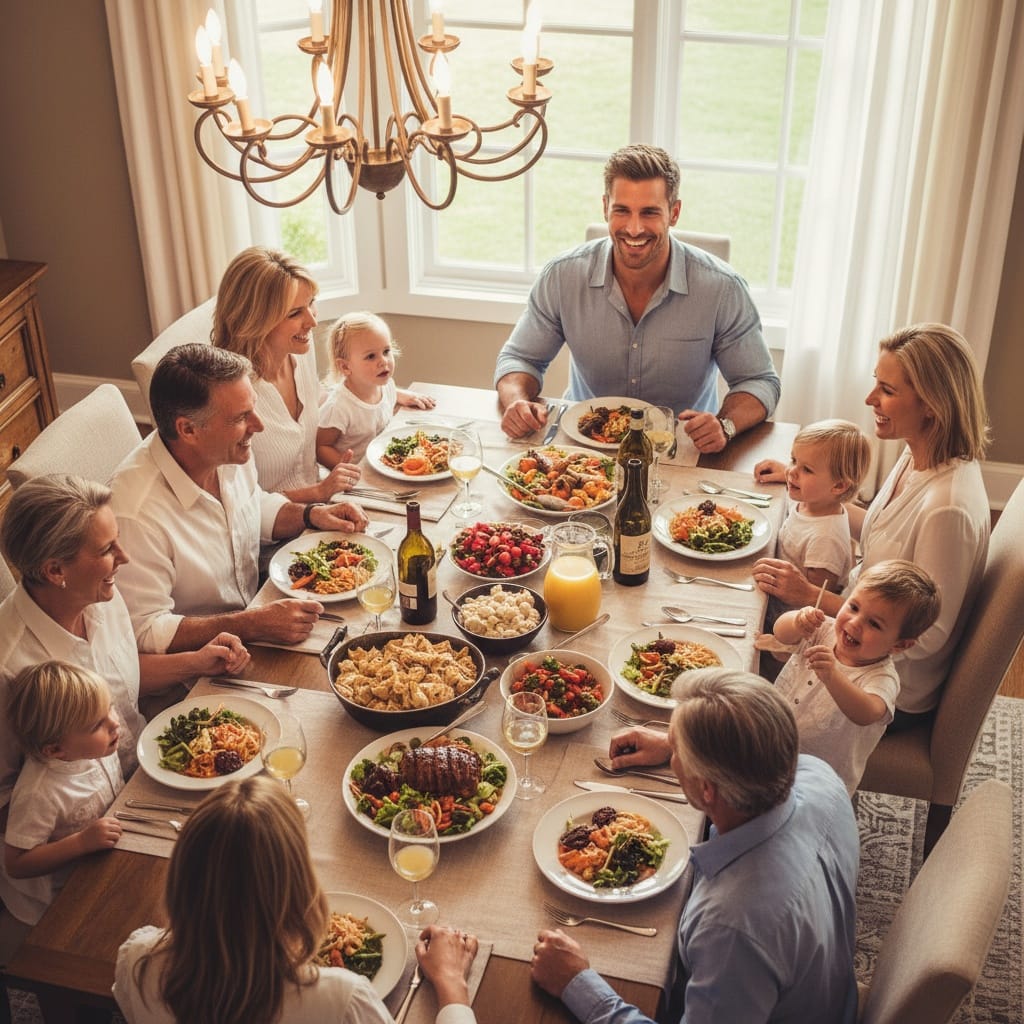 athletic white man family dinner table 13075521