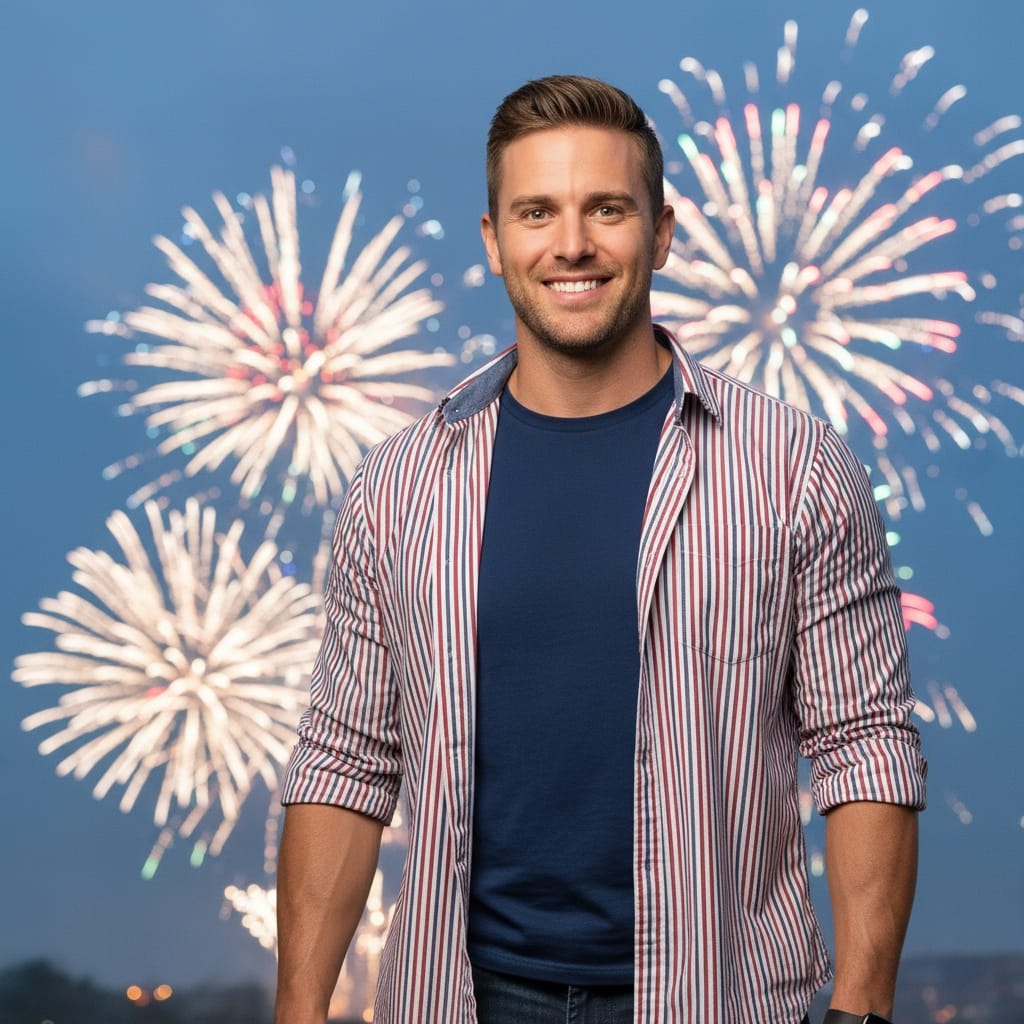 athletic white man fireworks celebration portrait 65506070
