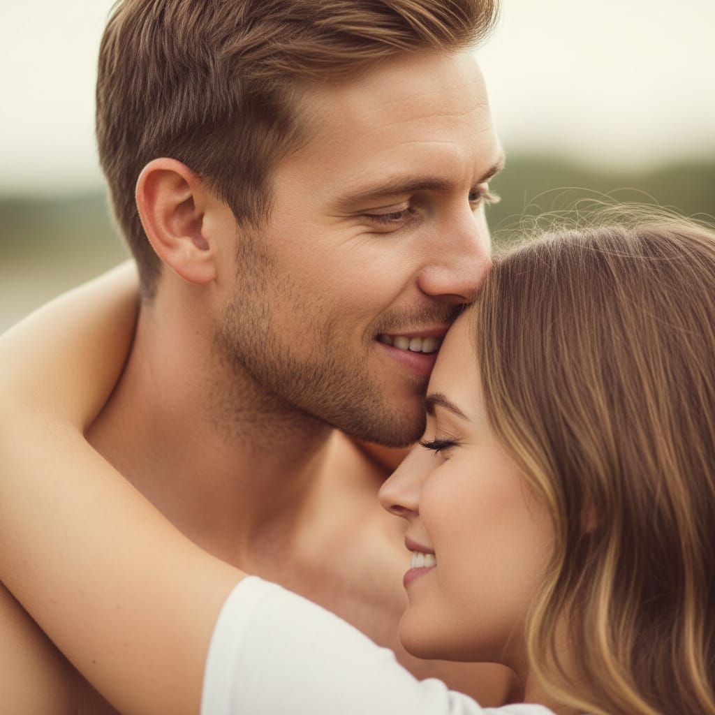 athletic white man forehead kiss closeup 77307596