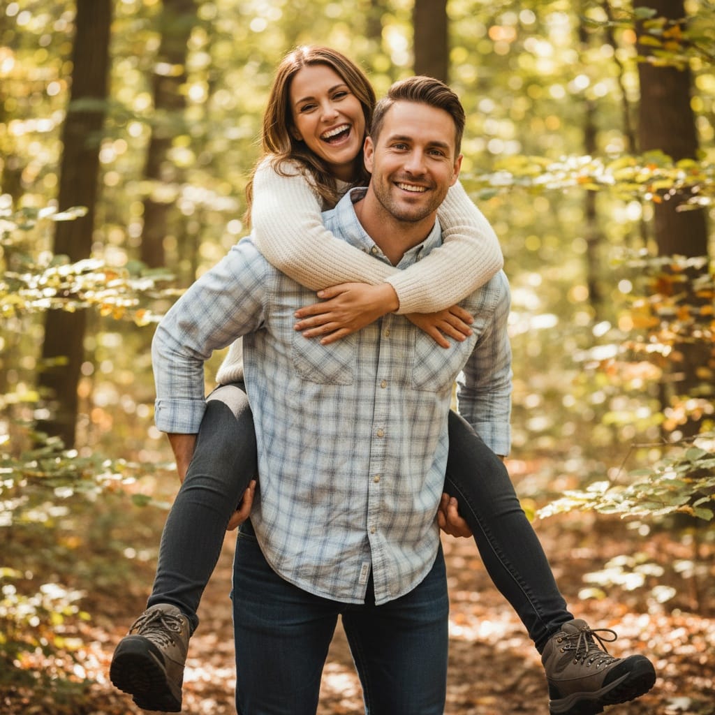 athletic white man forest piggyback playful 75254161