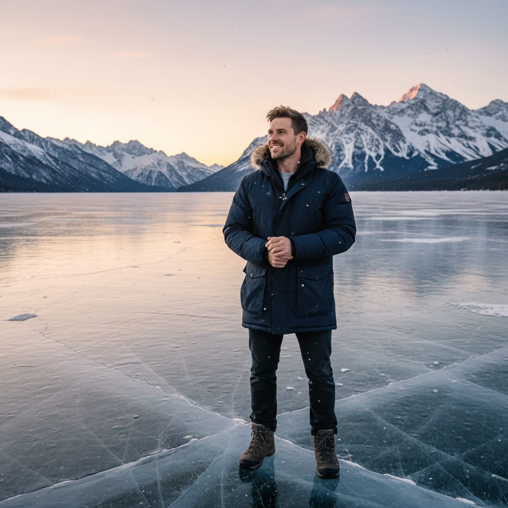athletic white man frozen lake landscape 21299631