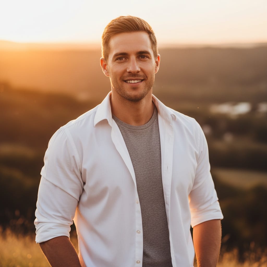 athletic white man golden hour outdoor glamour 93892832