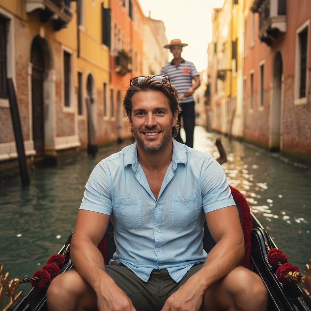 athletic white man gondola ride canal 18330389