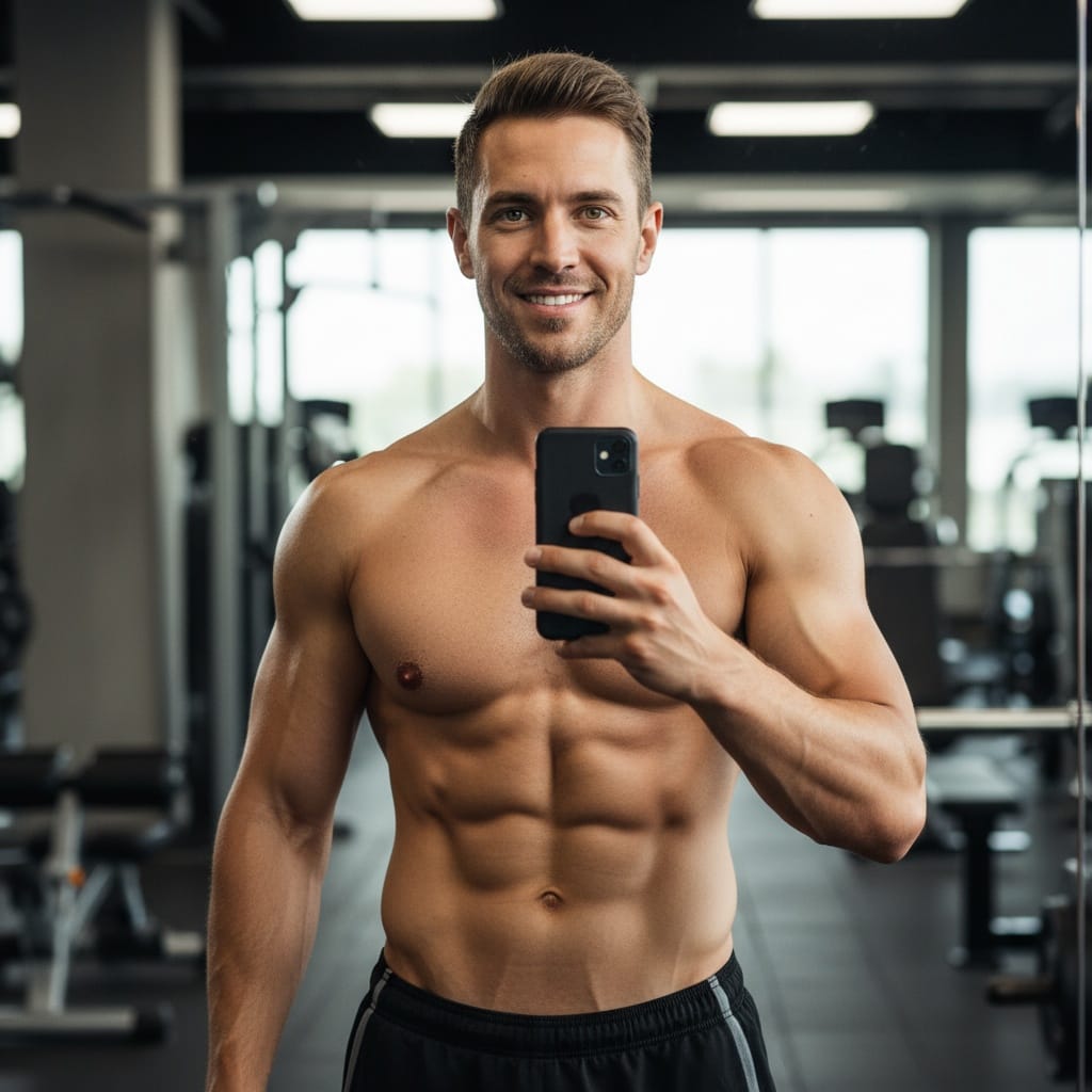 athletic white man gym mirror selfie style 80164403