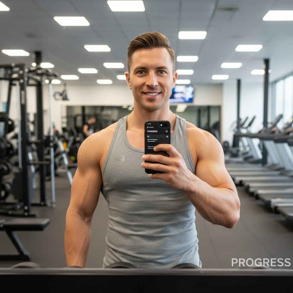 athletic white man gym mirror selfie style 83901315