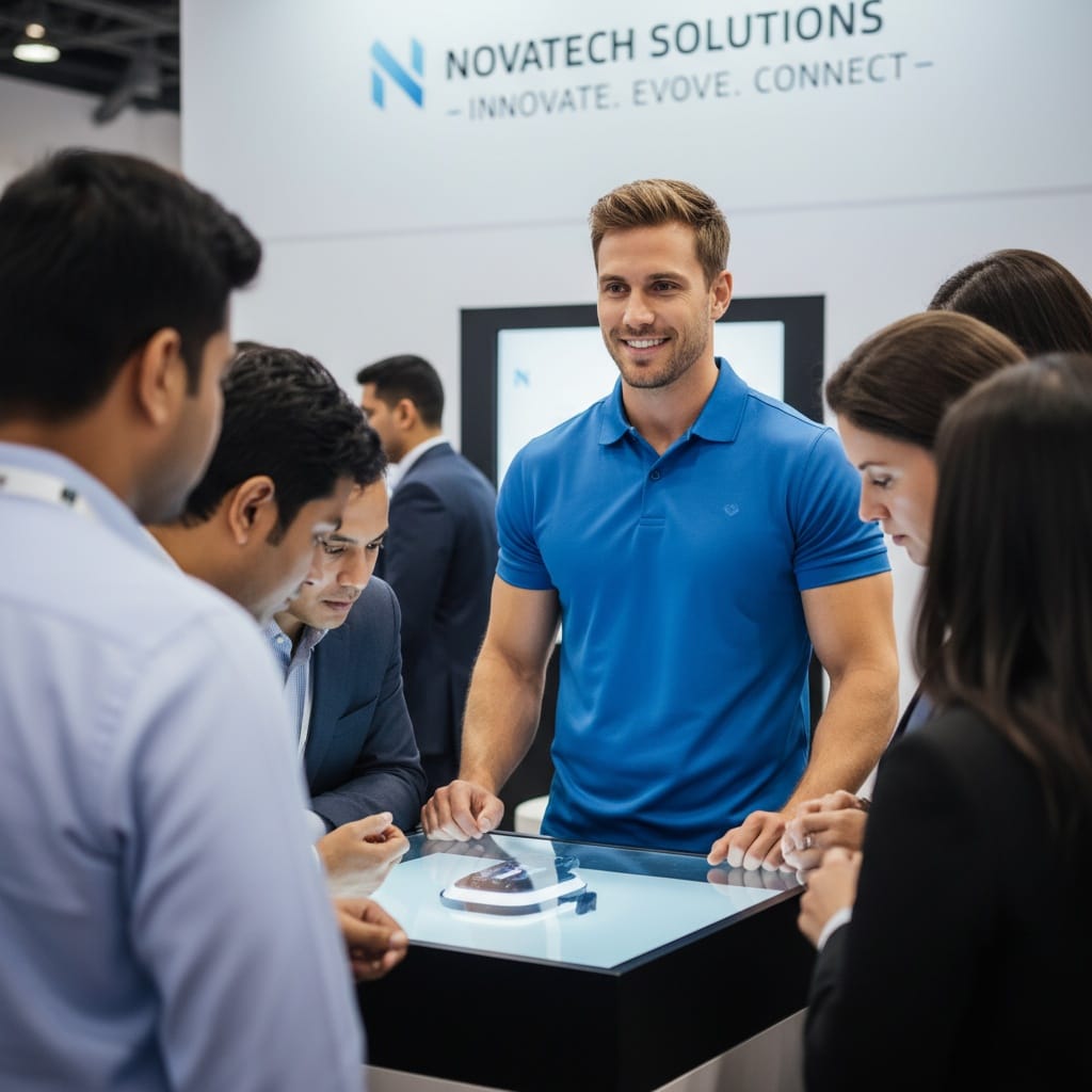 athletic white man hands on demo booth 49981351