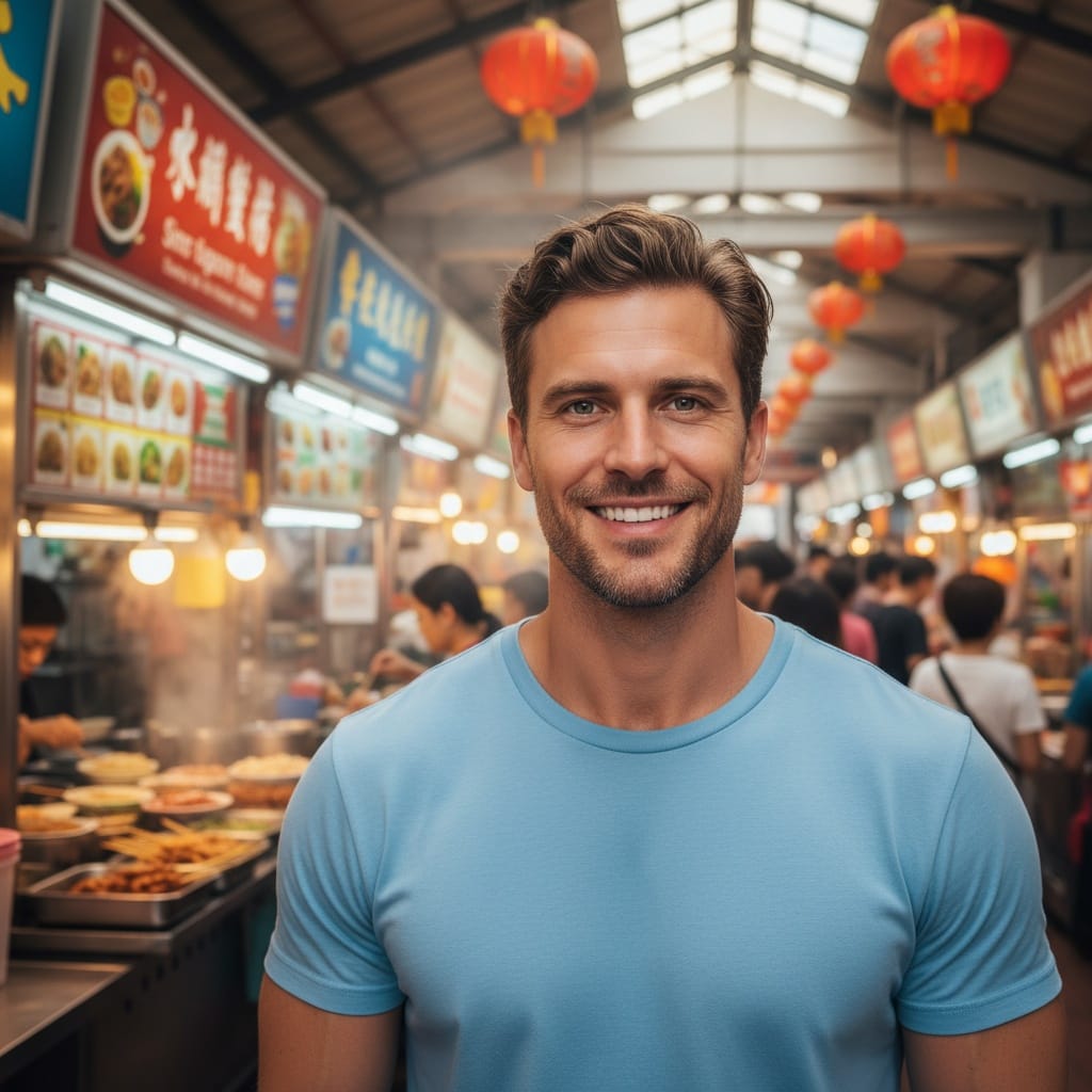 athletic white man hawker center street food 95575887