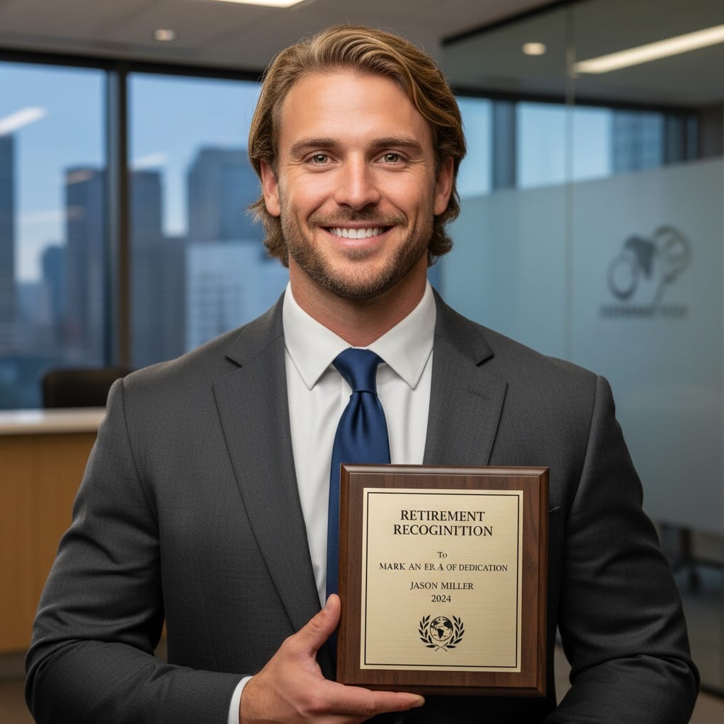 athletic white man holding retirement plaque 60702362