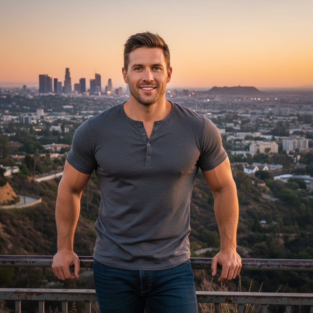 athletic white man hollywood hills overlook sunset 27557531