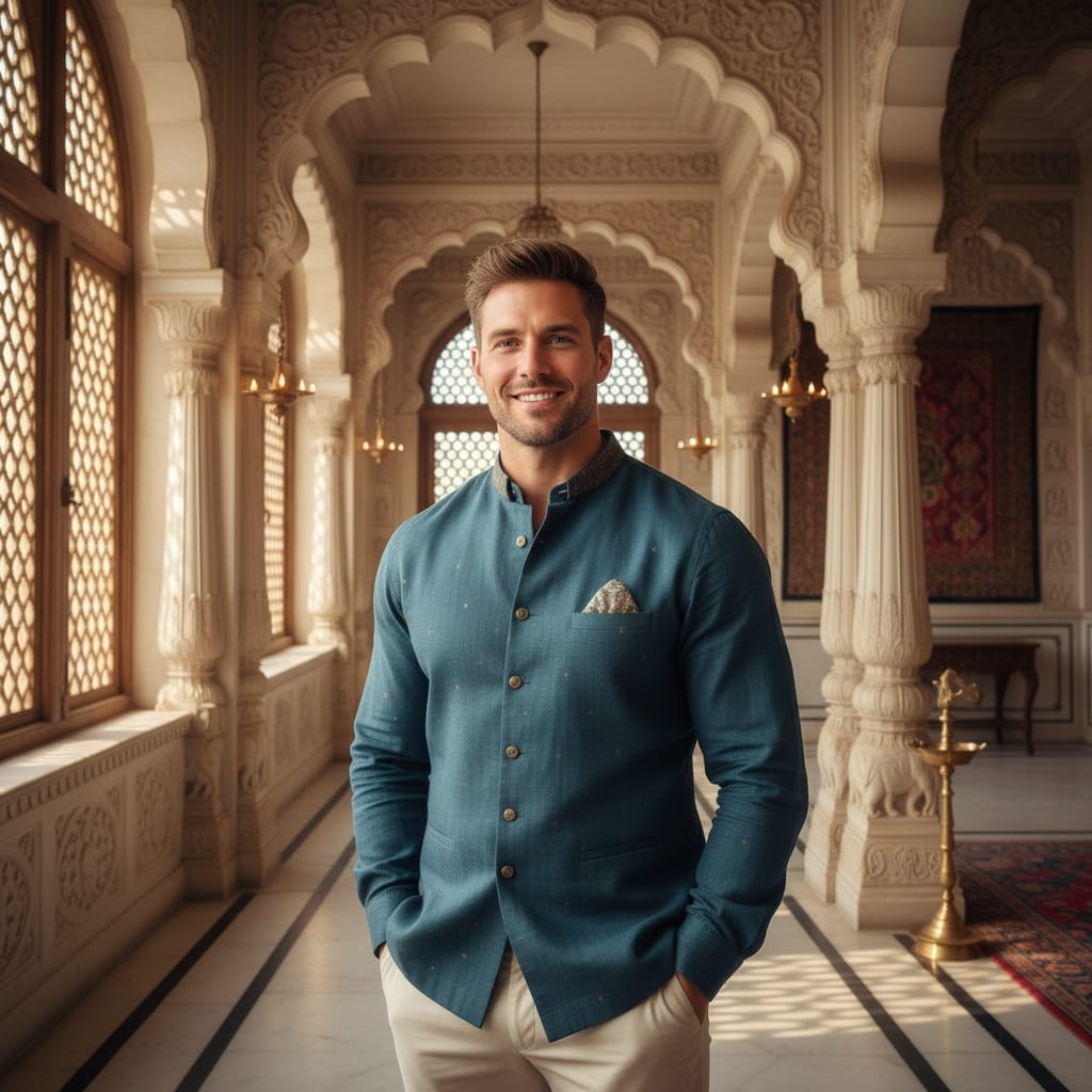 athletic white man indian palace interior 13742425
