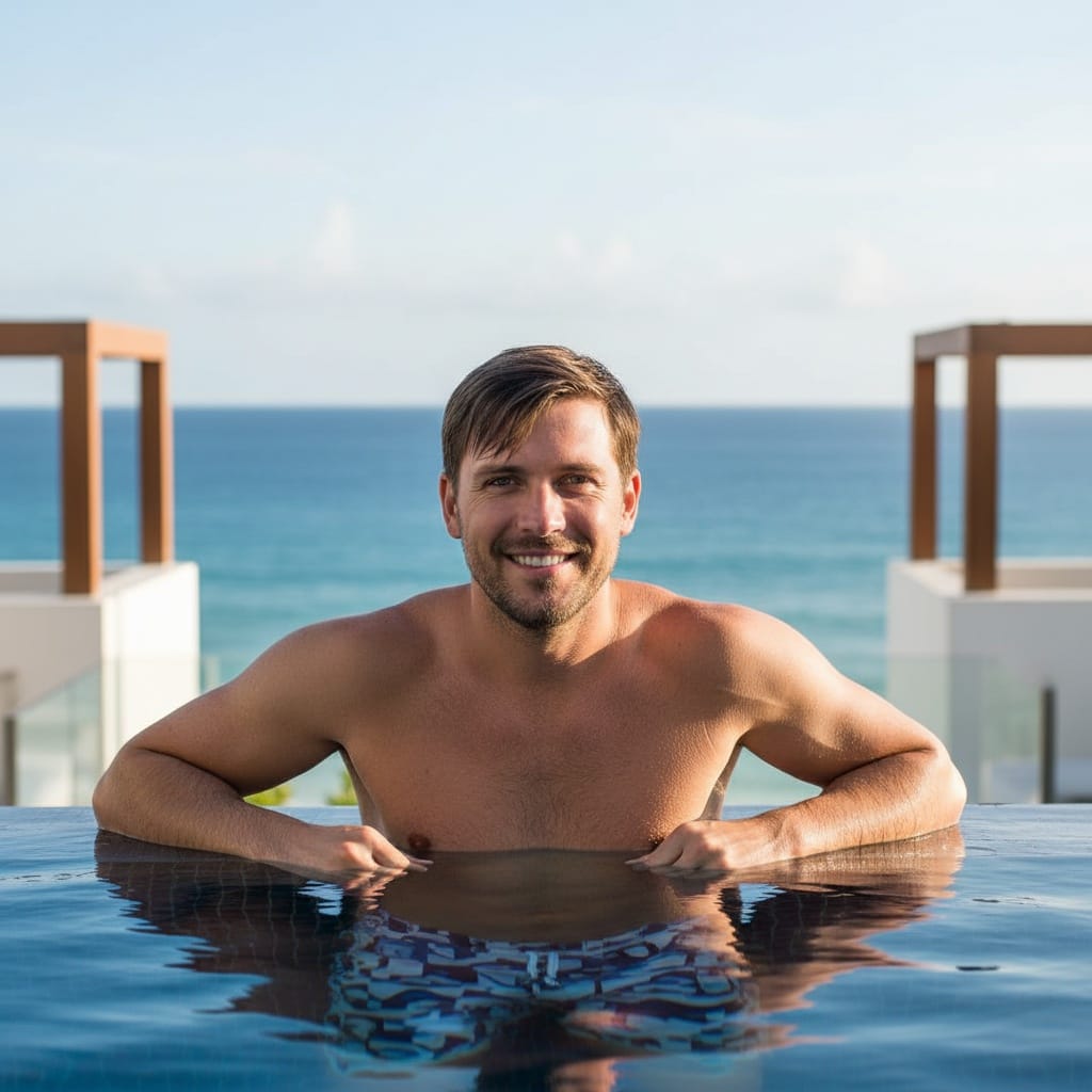 athletic white man infinity pool resort luxury 64715556