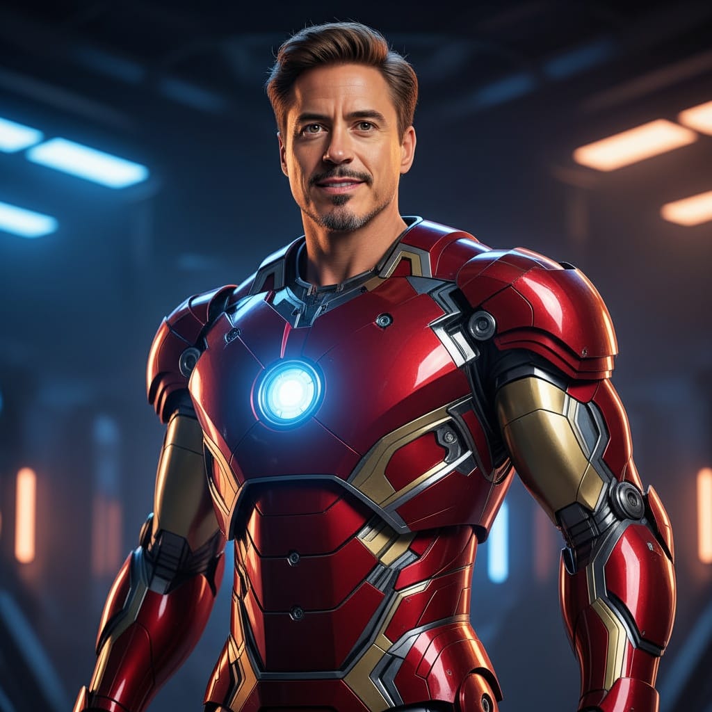 athletic white man iron man suit heroic pose 90959720