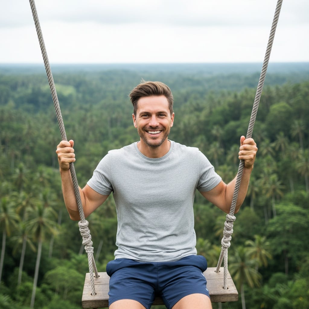 athletic white man jungle swing action shot 16122581