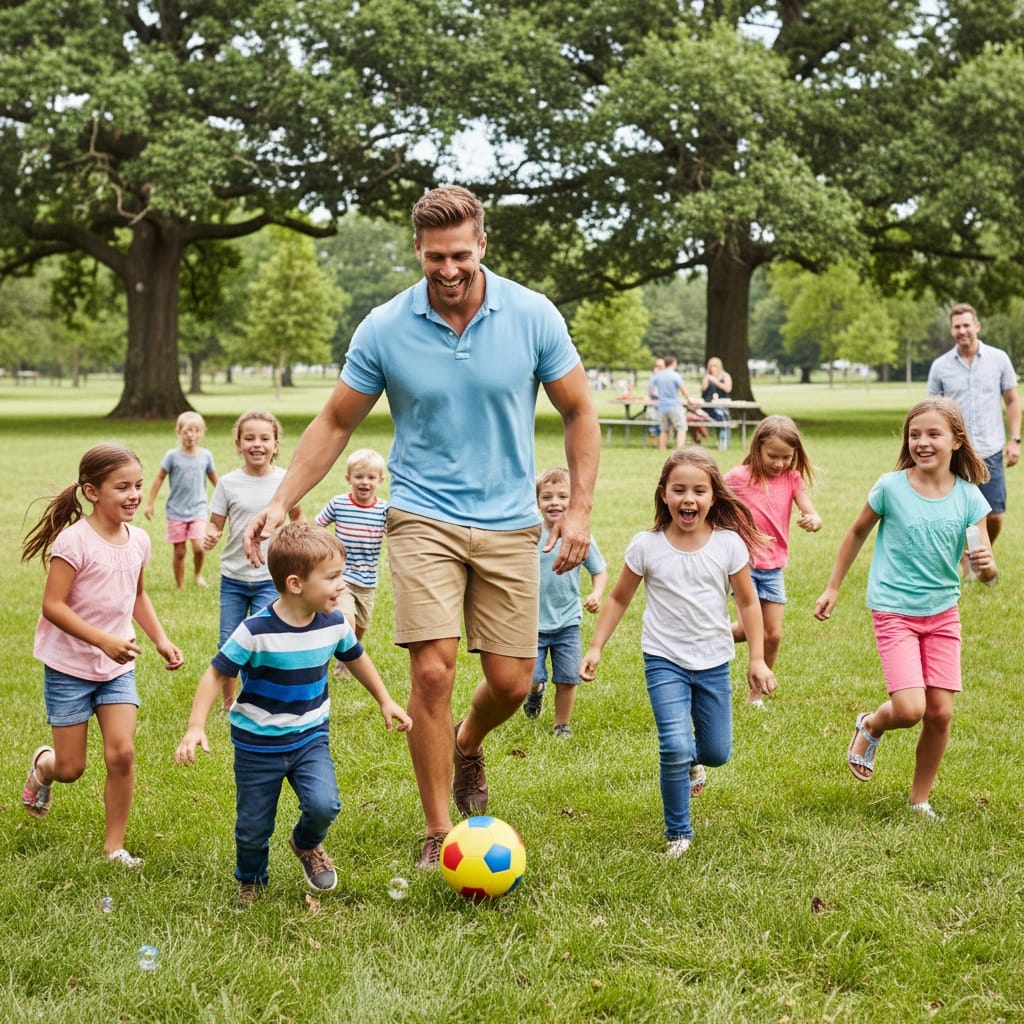 athletic white man kids cousins playing 70120189
