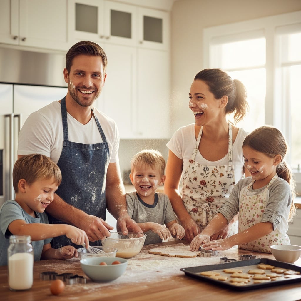 athletic white man kitchen baking together 57909167