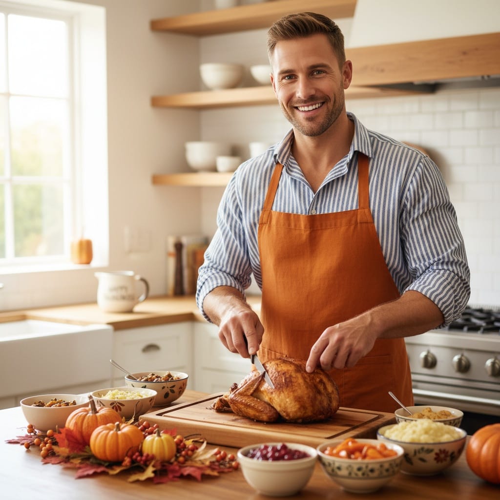 athletic white man kitchen cooking thanksgiving 53652907