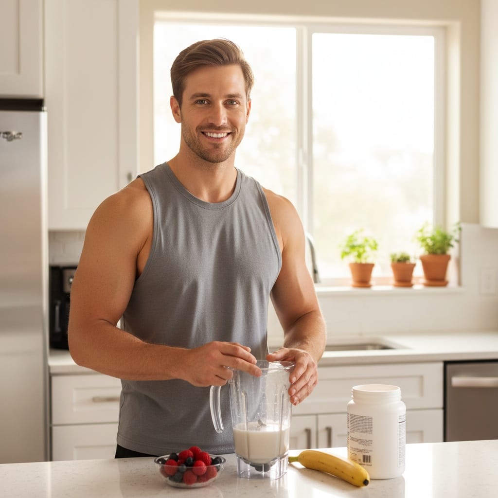 athletic white man kitchen protein shake prep 34345537