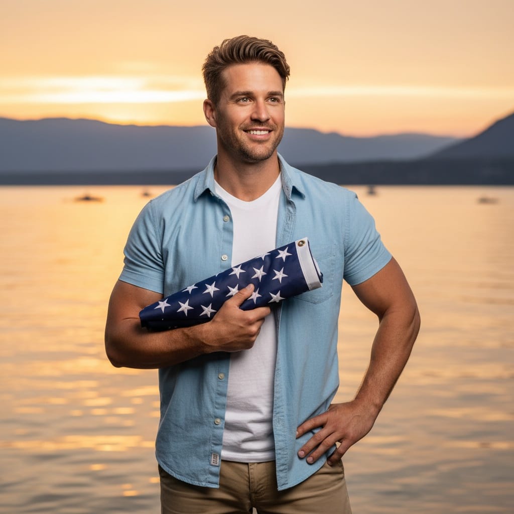 athletic white man lakeside patriotic sunset 59820807