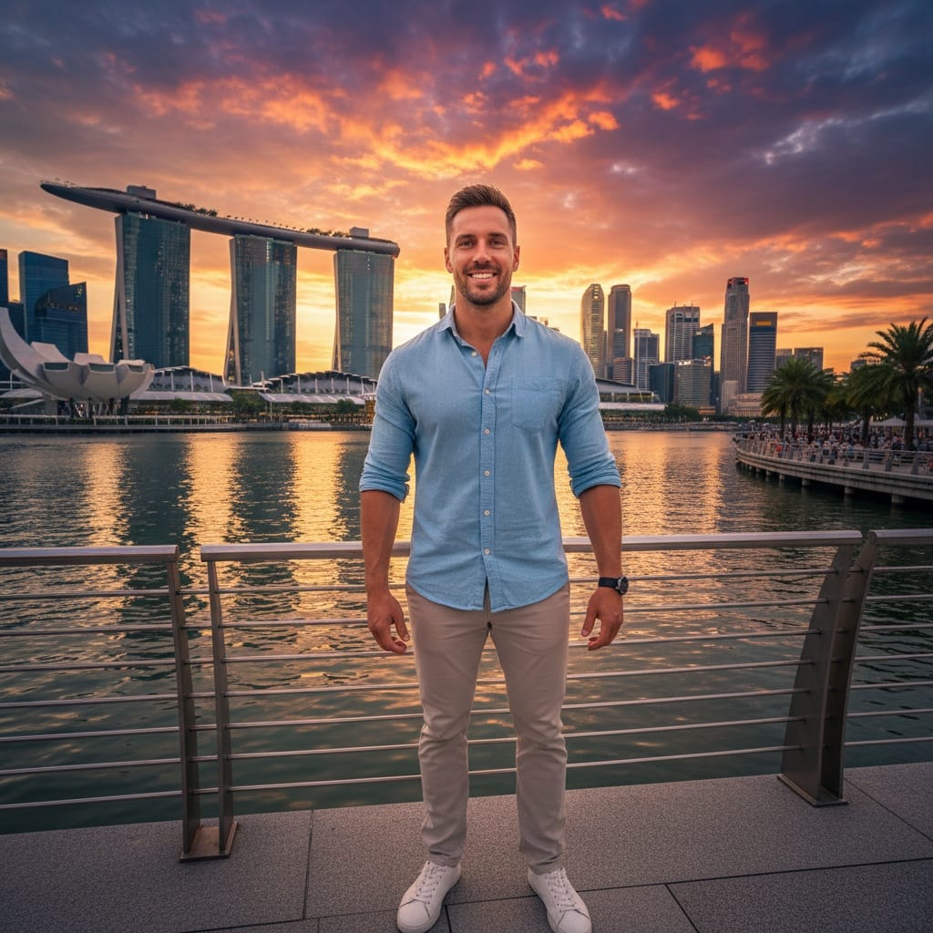 athletic white man marina bay sands skyline sunset 33158335