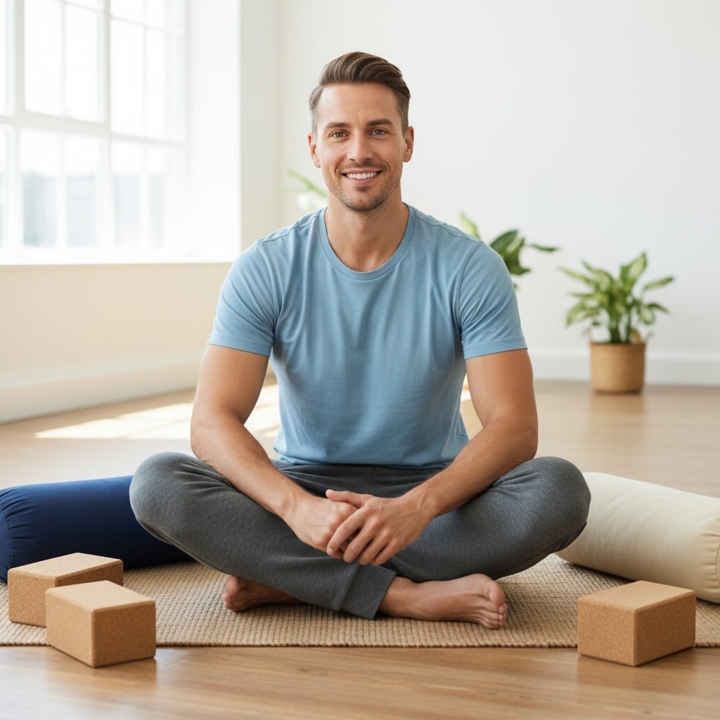 athletic white man mat with props seated 33129342