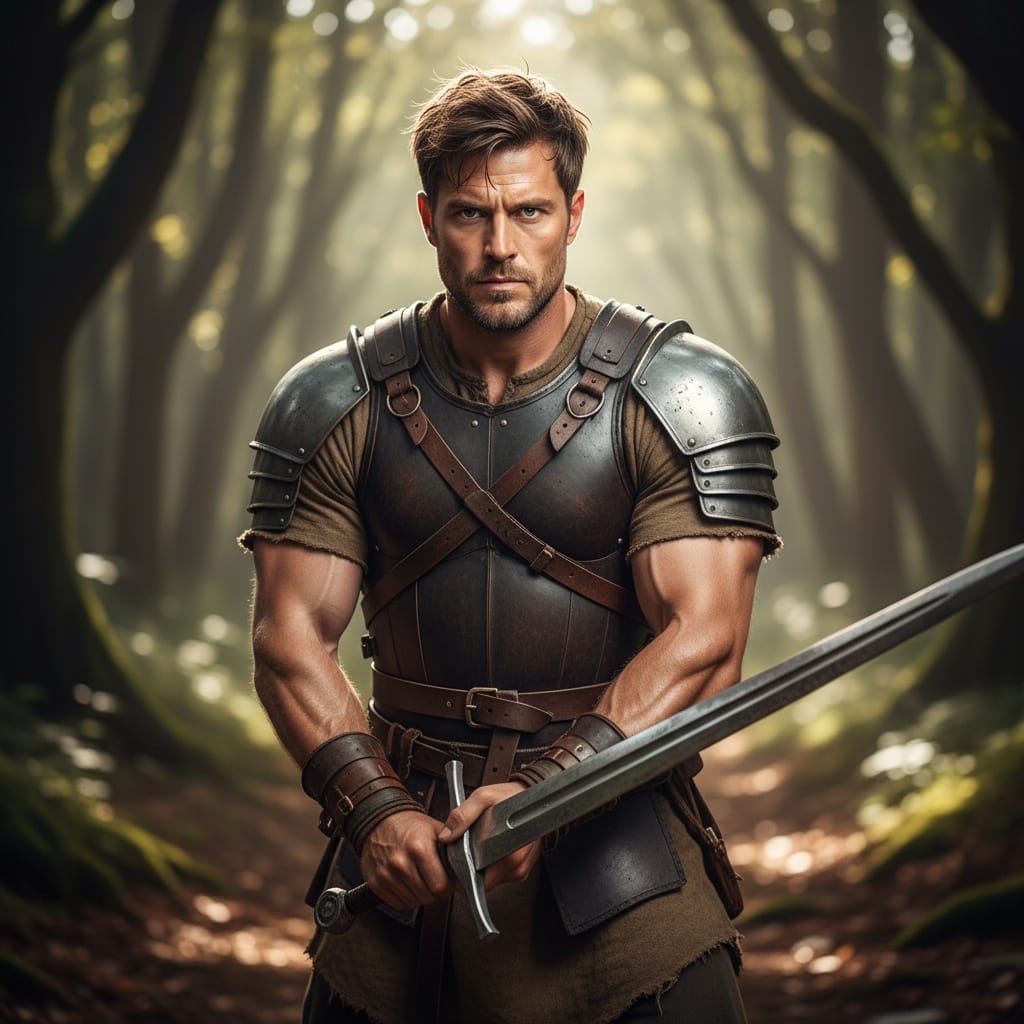 athletic white man medieval warrior forest clearing 96076757