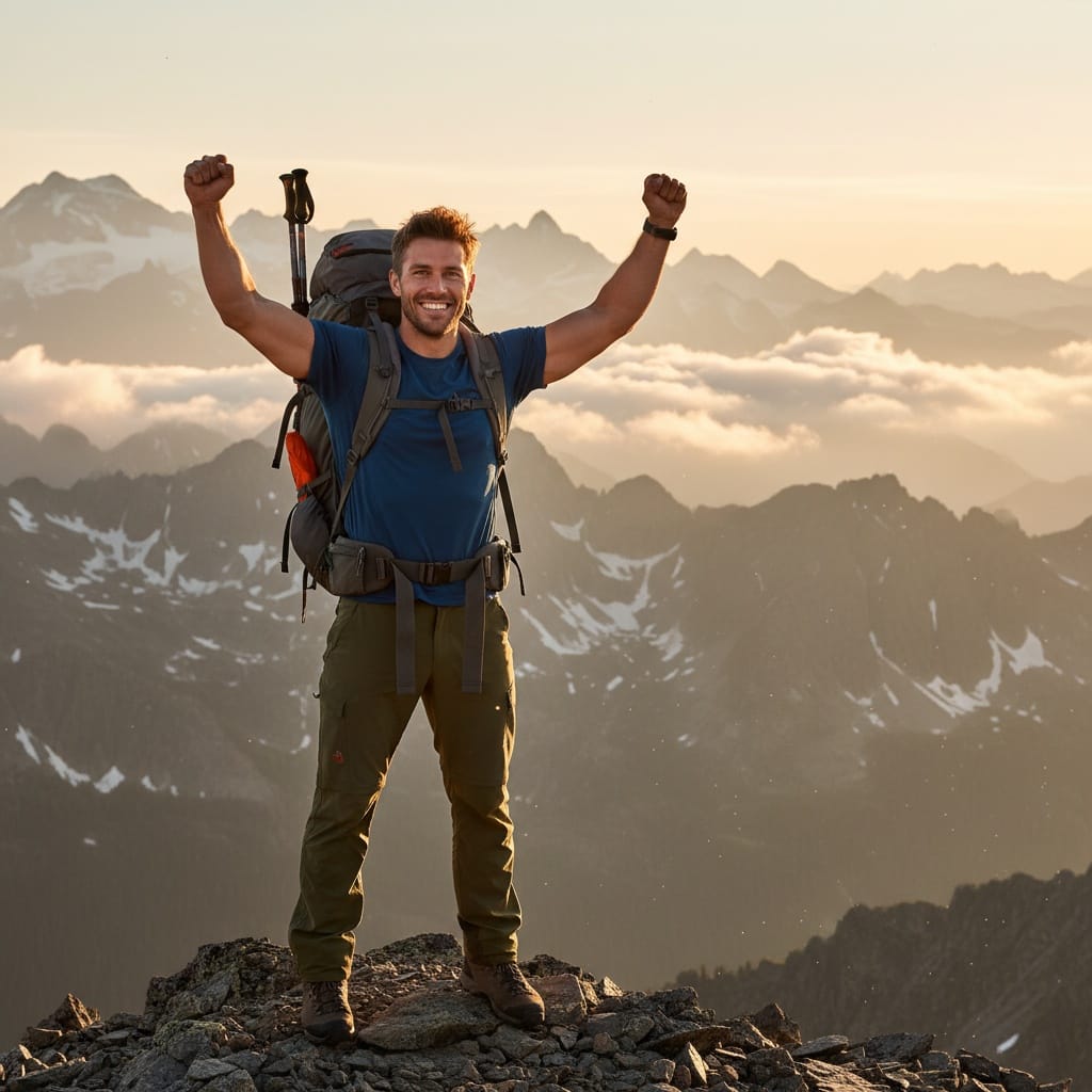 athletic white man mountain summit adventure 54638111