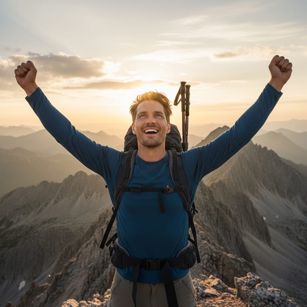 athletic white man mountain summit victory 54682882