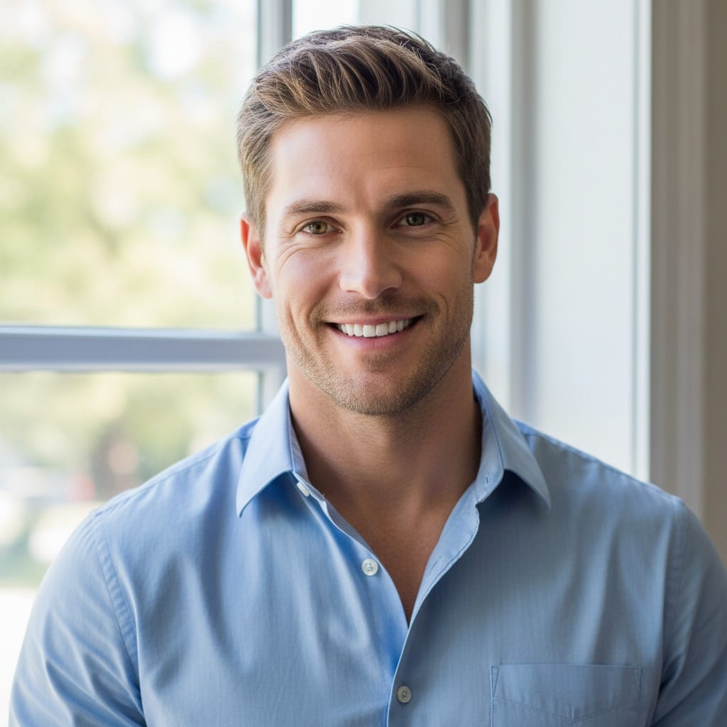 athletic white man natural light window portrait 98182906