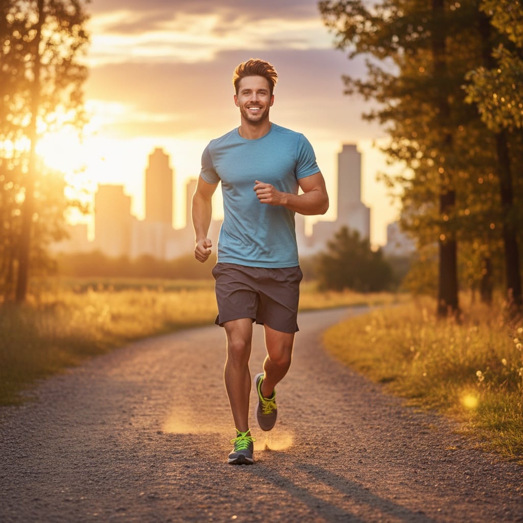 athletic white man outdoor running golden hour 79894860