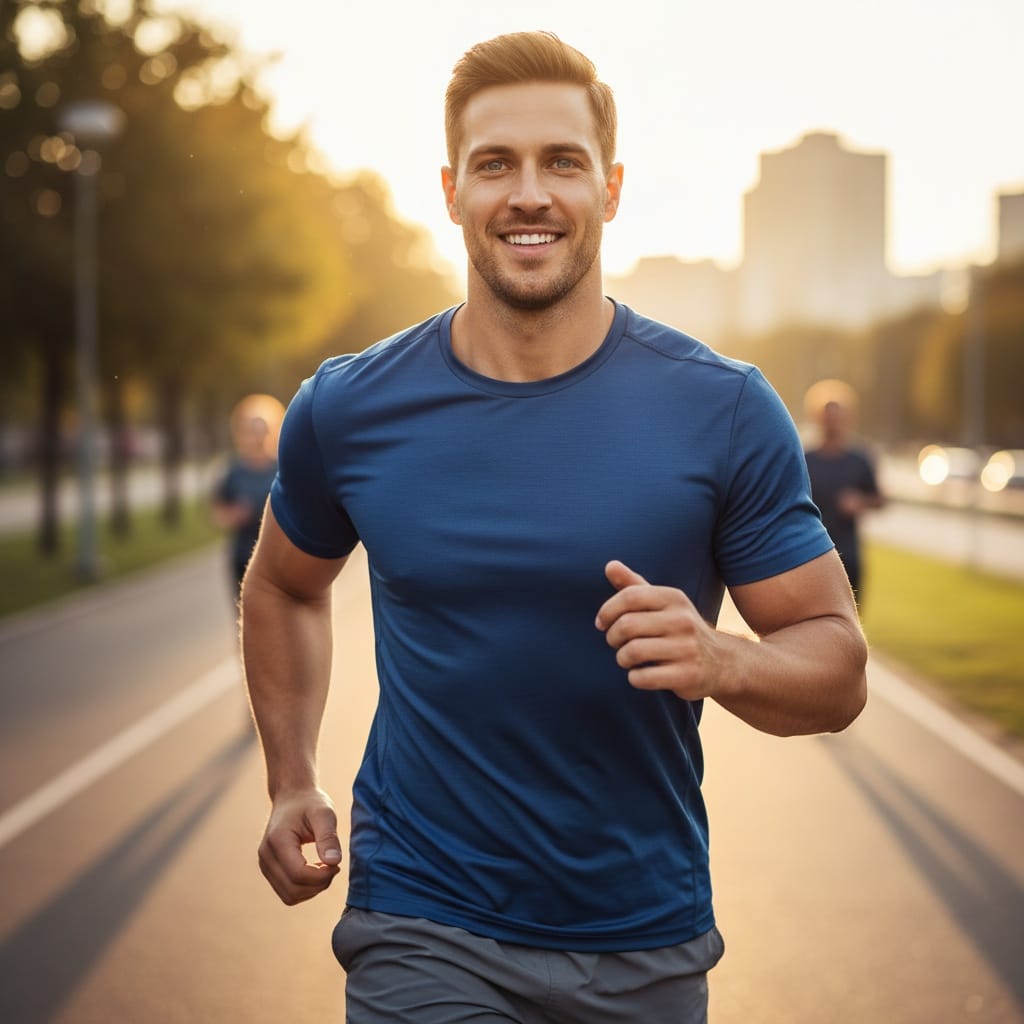 athletic white man outdoor running motion 64597268