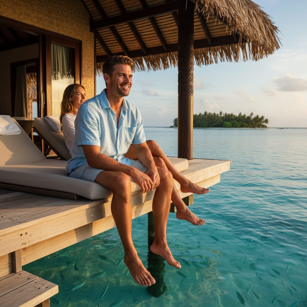 athletic white man overwater bungalow deck 89120084