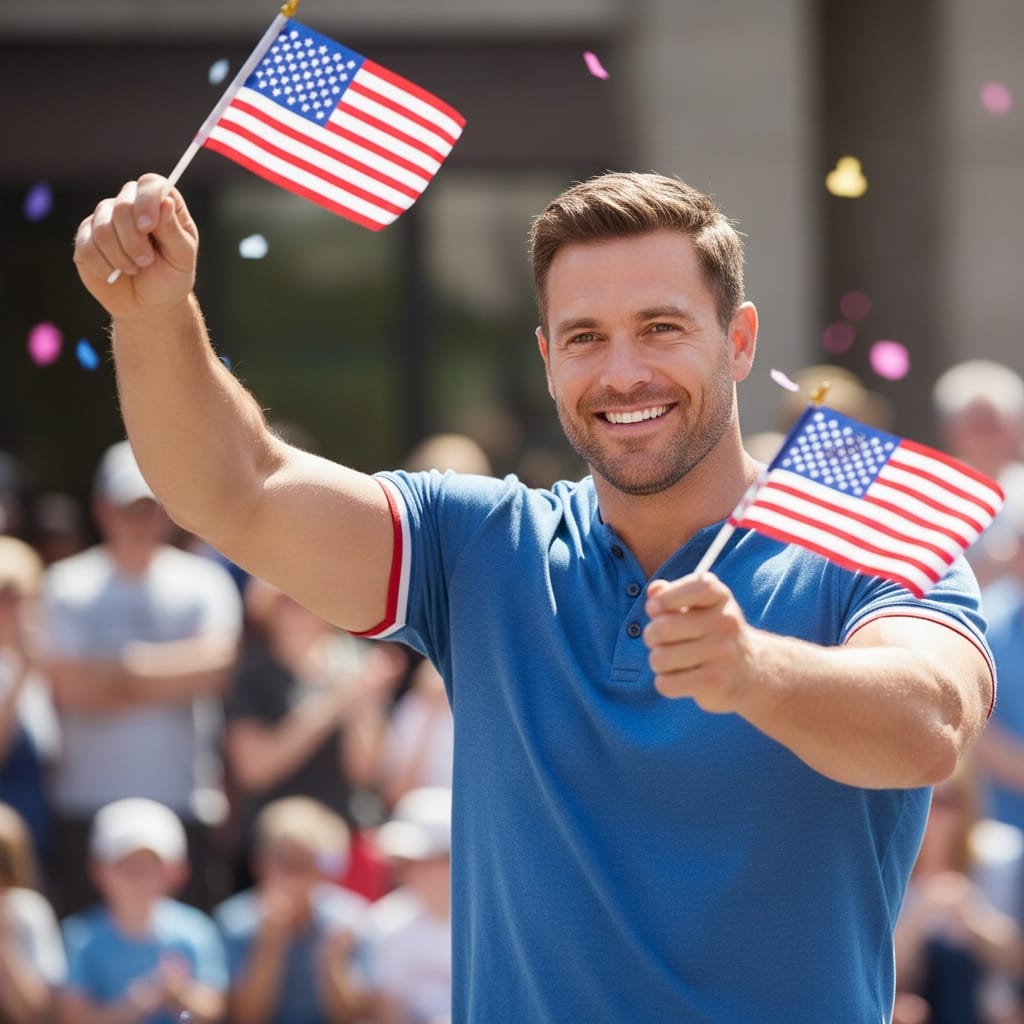 athletic white man parade route waving 93671848