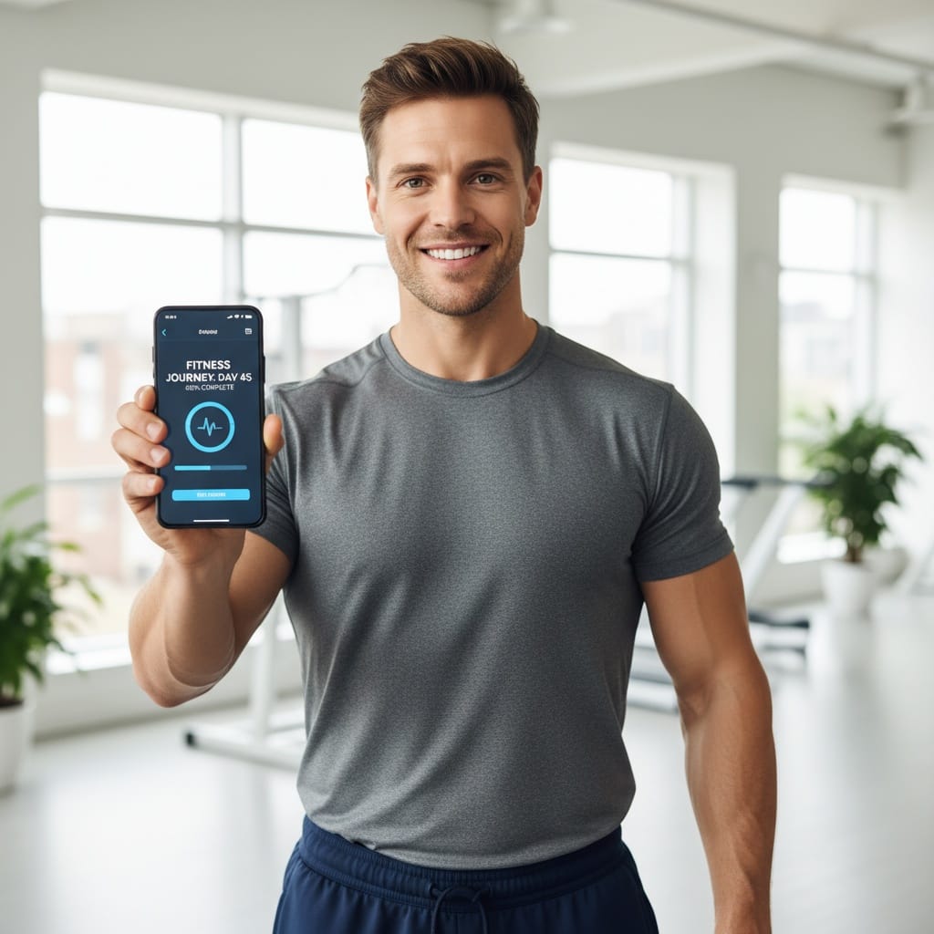athletic white man phone app demonstration 55233156