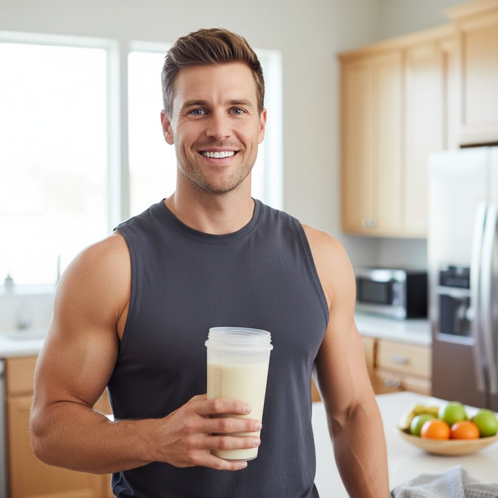 athletic white man post workout protein shake 22594296