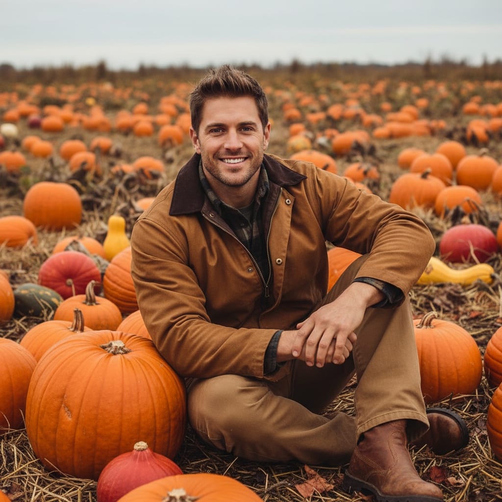 athletic white man pumpkin patch portrait 95866735