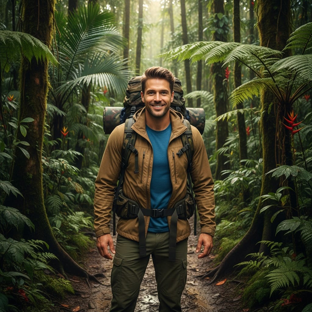 athletic white man rainforest hiking trail portrait 52091758