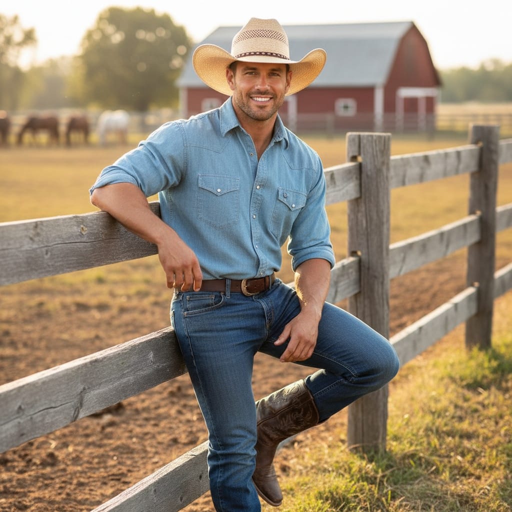athletic white man ranch fence leaning 70935957