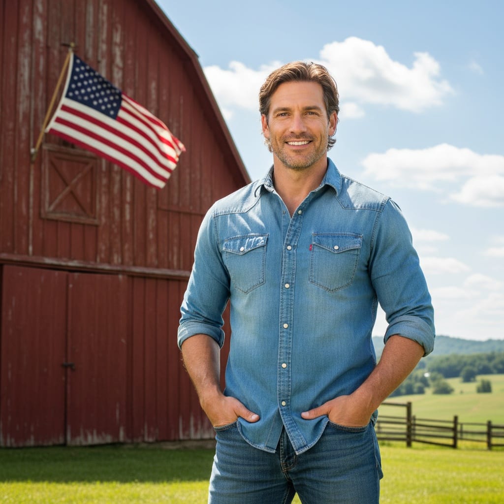 athletic white man red barn americana 45949336