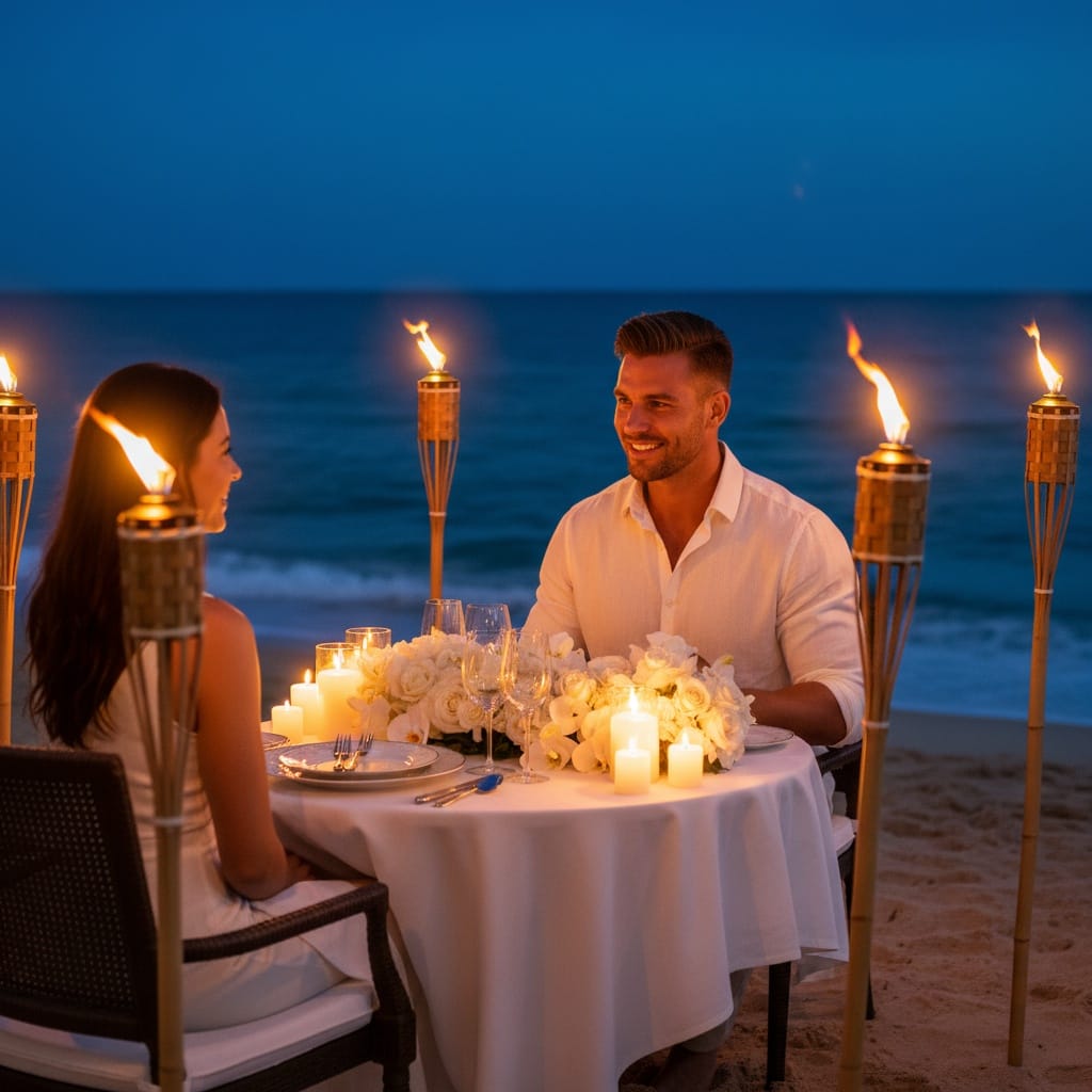 athletic white man resort dinner candlelight 20492828