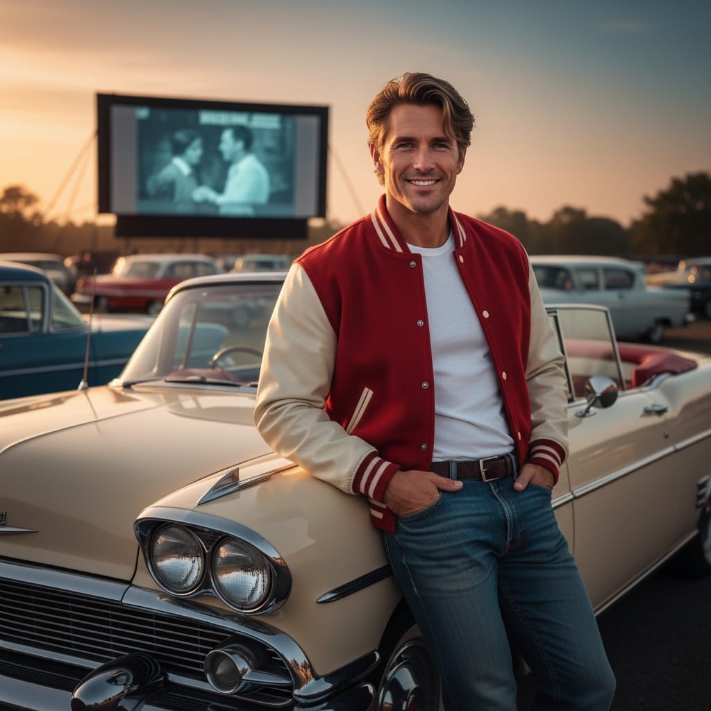 athletic white man retro drive in theater 76744303