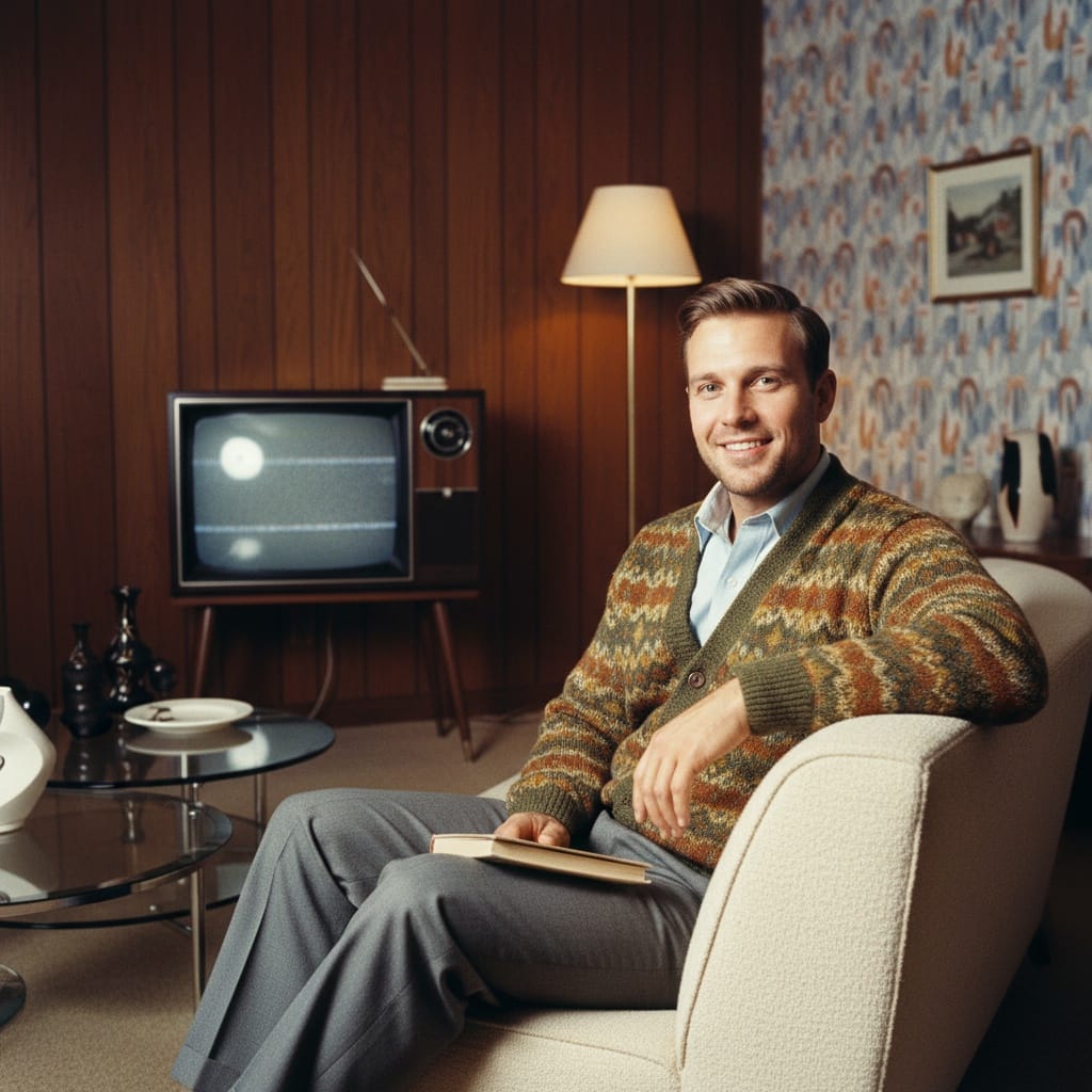 athletic white man retro living room portrait 93069575
